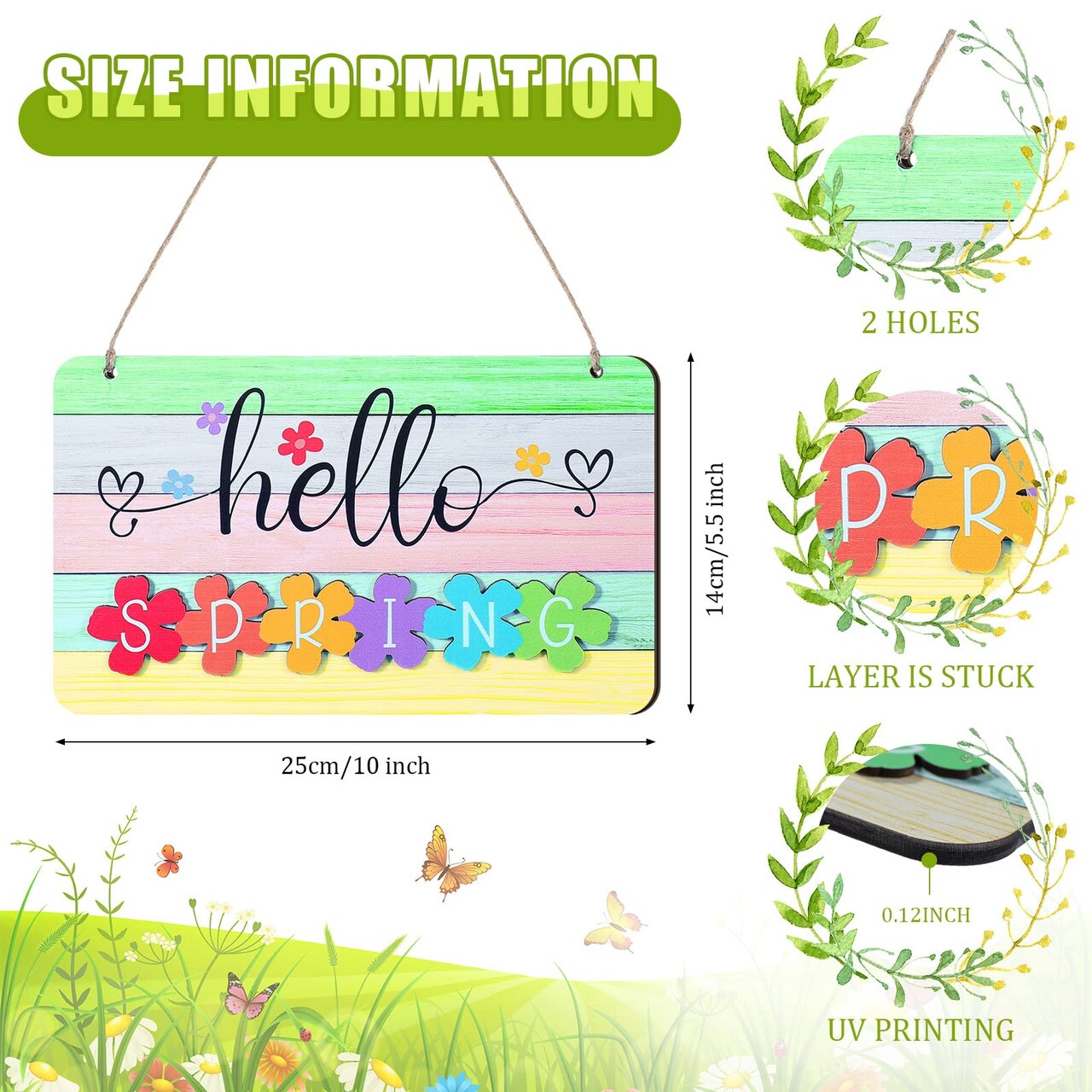 Spring Summer Sign Rustic Wood Decor Farmhouse Wall Hanging Plaque Filleted Corner Wooden Sign for Home Bathroom Indoor Outdoor, 10 x 5.9 Inch(Multi Colors,Spring Style)